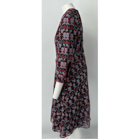 Emporio Armani Blue/Red Abstract Embroidered Zip 3/4 Sleeve A-Line Dress sz L - Picture 3 of 5